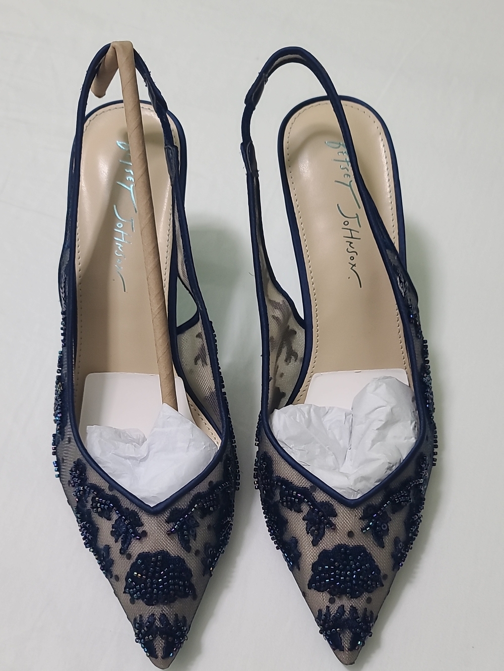Betsey Johnson Navy Shoes Size 8.5 Beaded Pointed-Toe Slingbacks